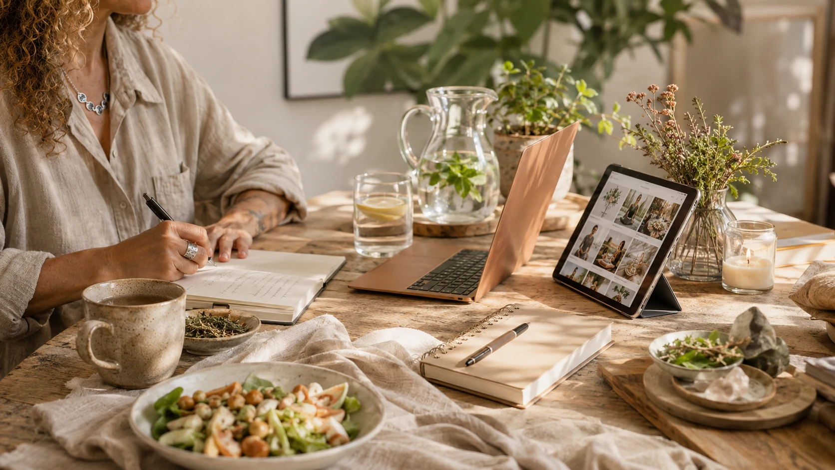 Espacio editorial de bienestar con libreta, alimentos naturales, plantas y herramientas de autocuidado integral.